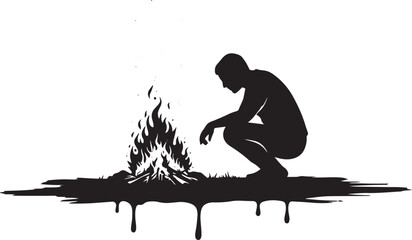 Silhouette of a man crouching by a crackling fire, creating a gr