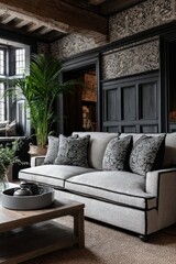 Elegant Living Room With Floral Sofa, Minimalist Coffee Table, And Greenery Creating A Tranquil Effect