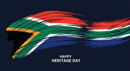 Stylized South African flag in brushstrokes, celebrating Heritage Day. Features red, green, blue, yellow, black, and white. 'Happy Heritage Day' text.