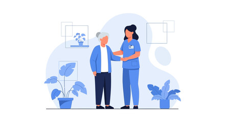 Compassionate Caregiver Assists Elderly Woman In Bright And Modern Setting