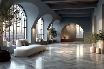Modern Spacious Loft with Arched Windows Overlooking Cityscape and Minimalist Decor