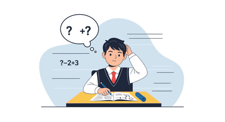 Confused Student Trying To Solve Math Problem At His Desk Education Concept