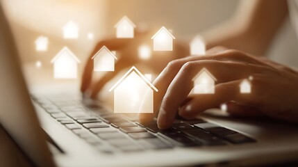 Hands typing on laptop with upward arrows symbolizing growth and success