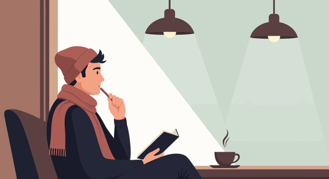 Contemplative Man Writes in Cafe Journal Near Cup of Coffee