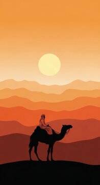 Silhouette of a camel rider in a desert landscape at sunset.