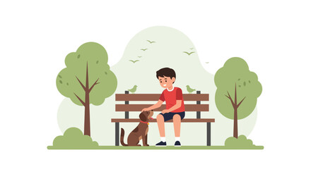 Boy Petting Dog On Park Bench At Summertime Outdoors Leisure Scene