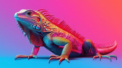 A Stylized Iguana in Side View with Neon Lighting 네온 조명 아래 옆모습으로 서 있는 양식화된 이구아나