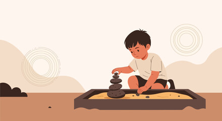 Boy Plays In Sand Box With Rocks Learning Balance And Concentration