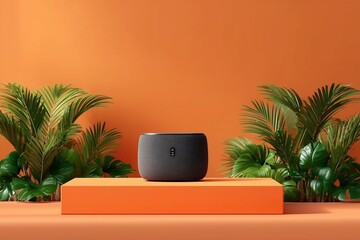 Modern Smart Speaker on Vibrant Orange Pedestal amidst Lush Green Foliage