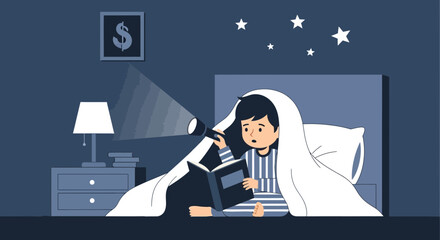 Boy Reading Book Under Blanket Using Flashlight At Night In Bedroom