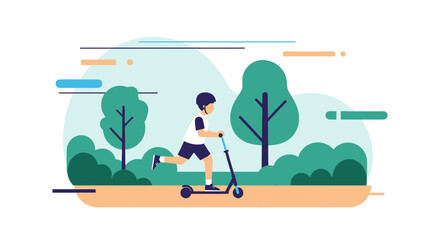 Boy Rides Scooter Through Park Flat Vector Illustration Modern Design