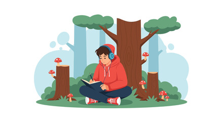 Boy Relaxing In Nature With Music And Writing In Journal