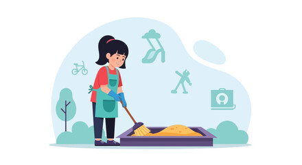 Girl Sweeping Sandbox Cleaning Up Playground For Children Cleanliness Illustration
