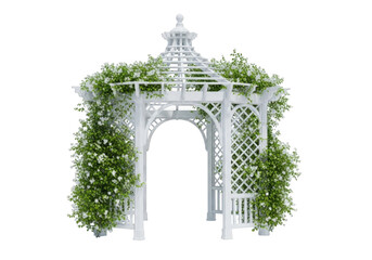 Elegant white gazebo adorned with lush green foliage isolated on transparent background
