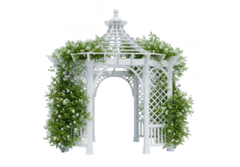 Elegant white gazebo adorned with lush green foliage isolated on transparent background