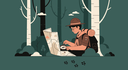 Boy Scout Navigating Wilderness With Map And Compass In Dense Forest