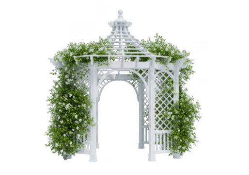Elegant white gazebo adorned with lush green foliage isolated on transparent background