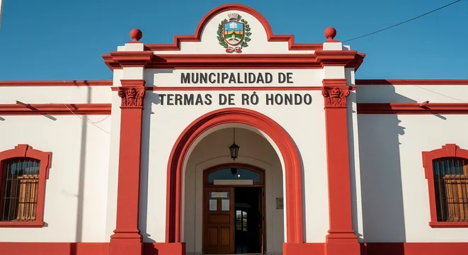 The Municipalidad de Termas de Río Hondo building with white walls and red trim, featuring an arched entrance and the city's crest at the top.
