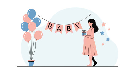 Expecting Mother Receives Baby Shower Gift With Balloons And Banner Decoration