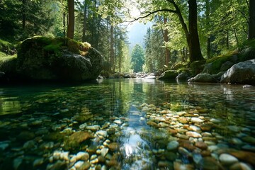 Tranquil Forest Stream with Sunlit Pebbles and Moss-Covered Rocks in Lush Greenery