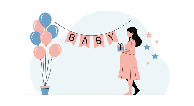 Expecting Mother Receives Baby Shower Gift With Balloons And Banner Decoration - Powered by Adobe