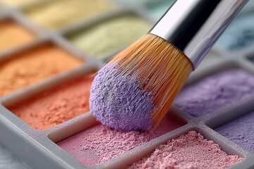 Vibrant Brush and Color Palette: Close-Up of Makeup Brush with Multicolored Powder in Palette