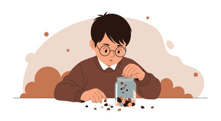 Boy Wearing Glasses Collecting Stones Into Jar Illustration Editable Style