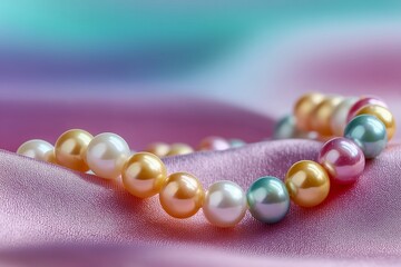 Lustrous Pearls Resting on Elegant Satin Display Iridescence Against Pastel Hues