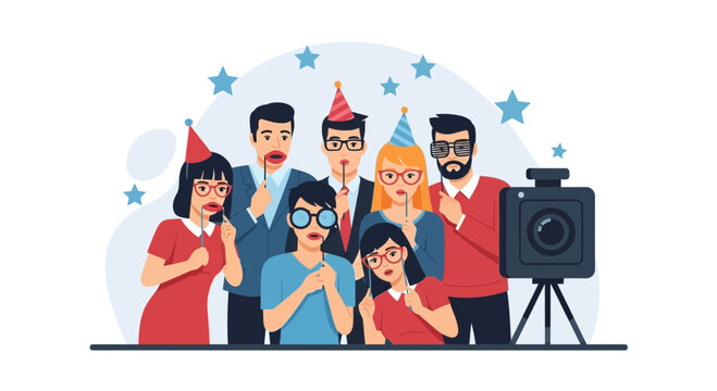 Group Of Friends Celebrating Special Occasion With Photo Booth Props And Camera