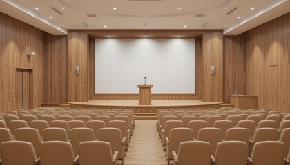 Modern Wooden Auditorium with Beige Chairs and a Large Projection Screen for Presentations and Lectures