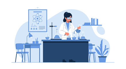 Fototapeta premium Female Scientist Conducting Chemical Experiments in Laboratory with Beakers