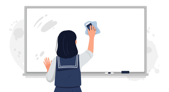 Female Student Cleaning Whiteboard After Class In A Classroom Interior Scene