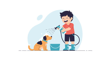 Happy Boy Giving Bath To A Dog In The Backyard With A Hose Illustration