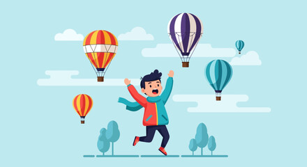 Happy Boy Leaping Amidst Vibrant Hot Air Balloons And Cartoonish Trees