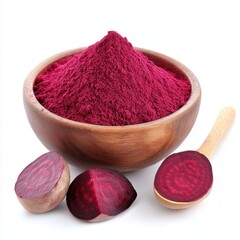 Beetroot powder in a bowl with fresh beets isolated on white background