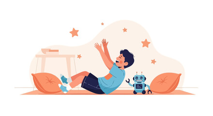Happy Boy Playing With Robot Lying Down on Pillows Enjoying Free Time