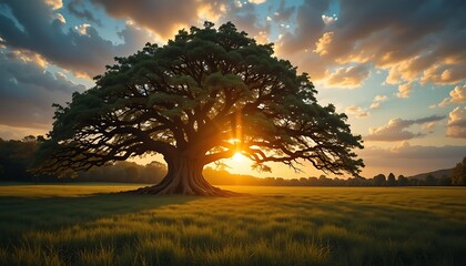 Majestic Oak Tree in Golden Sunset Meadow Landscape, Serene Nature Photography