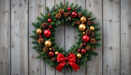 Stunning Christmas Wreath with Red and Gold Ornaments on Rustic Wooden Background