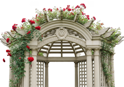 Ornate white garden arbor adorned with lush green vines and vibrant pink roses isolated on transparent background