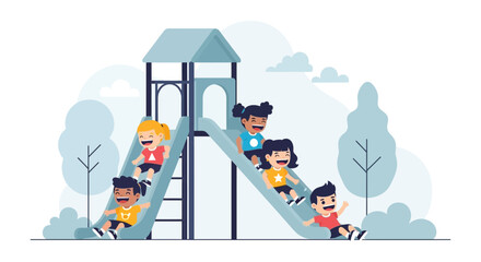 Happy Children Enjoying Time Together Sliding Down at the Playground Slide