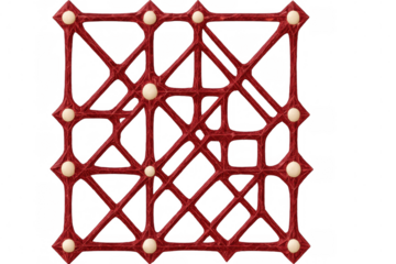 Delicate red lattice network connecting cream-colored nodes, forming geometric pattern on transparent backdrop, perfect for graphic design compositions