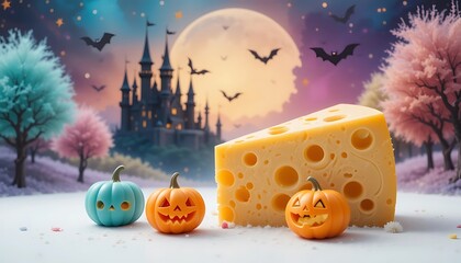 Halloween Spooky Cheese Scene with Jack-o'-lanterns and a Haunted Castle