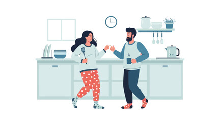 Happy couple celebrating in the kitchen during breakfast time in pajama clothing morning scene