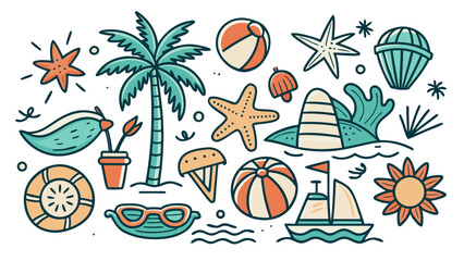 Obraz premium Charming hand drawn collection of vintage summer icons featuring a tropical palm tree and a radiant sun perfect for coastal themes and warm weather designs