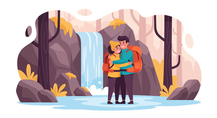 Happy Couple Trekking Embracing Near Waterfall In Autumnal Landscape Togetherness