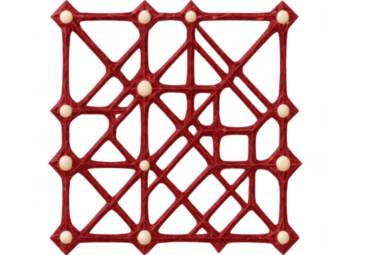 Delicate red lattice network connecting cream-colored nodes, forming geometric pattern on transparent backdrop, perfect for graphic design compositions