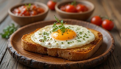 Delicious fried egg on toasted bread with fresh herbs, served on rustic wooden plate with bowls of tomatoes in background