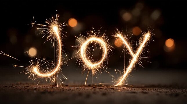 Sparkler writing the word joy on a dark surface with bokeh lights in the background creating a festive mood