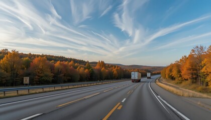 Autumnal Highway Scene with Semi-Trucks Driving Through Vibrant Fall Foliage Under a Dramatic Sky