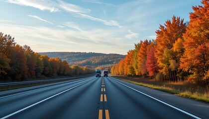 Stunning Autumn Highway Landscape with Two Trucks Driving on a Multi-Lane Road Surrounded by Vibrant Fall Foliage